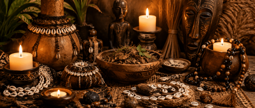 bougies et objets traditionnels symbolisant une démarche de protection spirituelle