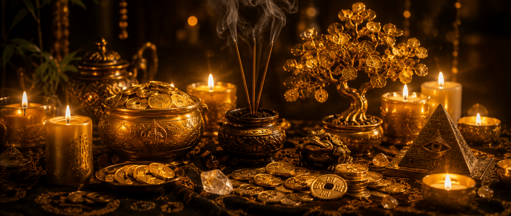 éléments symboliques d'un rituel de chance et d'attraction de la prospérité par le grand marabout puissant Nawan pièces, bougies dorées, encens