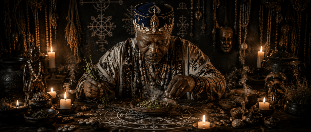marabout concentré réalisant un rituel de désenvoutement avec des bougies allumées, des herbes sacrées et des symboles de protection spirituelle