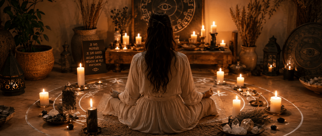 femme méditant face à des bougies allumées lors d'un rituel de protection contre l'envoûtement