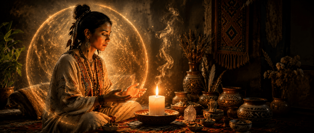 bougie allumée dans une ambiance spirituelle apaisante symbolisant la protection