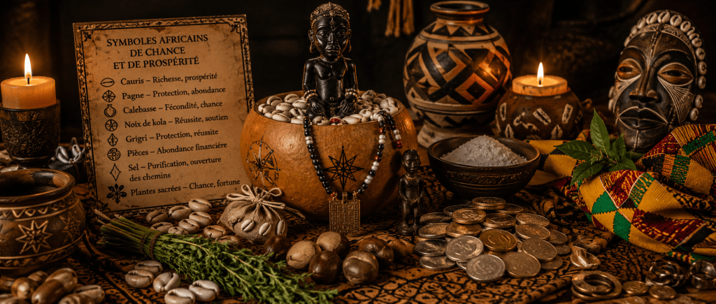 symboles africains traditionnels de chance et de prospérité utilisés lors des rituels pratiqués par le marabout voyant Nawan pour attirer la chance au loto et en finances