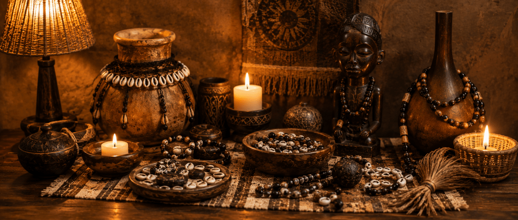 objets traditionnels du marabout Nawan disposés dans une ambiance chaleureuse