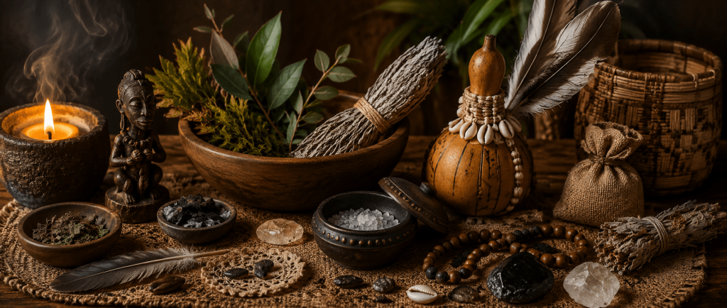 objets traditionnels utilisés lors d'un rituel de protection spirituelle