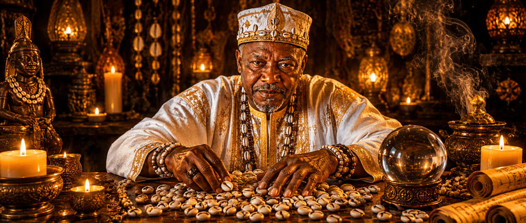 grand marabout puissant Nawan lors d'une consultation spirituelle avec bougies et objets rituels